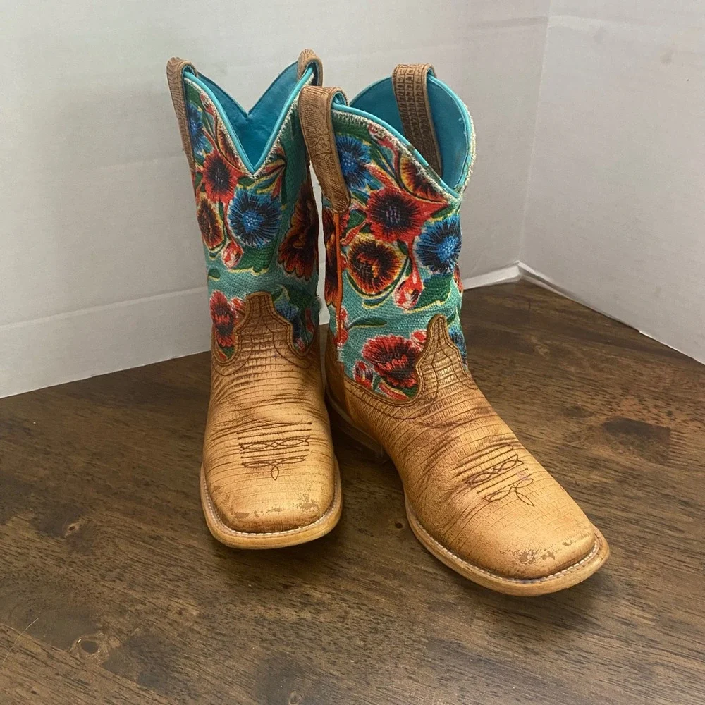Ariat Kids Floral Western Boots Tan Leather Square Toe 10023078 Size 12.5